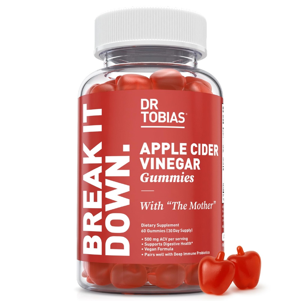 Dr. Tobias Apple Cider Vinegar Gummies med Moren, 500mg ACV per Serving, Plus Folate, B6, B12 & Iodin, støtter Digestiv helse, Gut Cleanse & Detox, Vegan, 60 Gummies