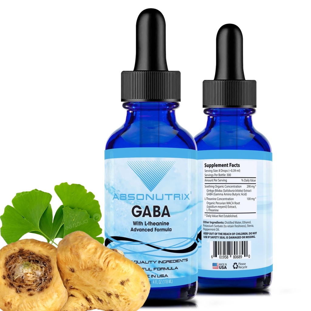 Absonutrix GABA med L-Theanine 290 mg, 4 Oz væske, 300 serveringer, laget i USA, rask absorpsjon, Quality Potent ingredienser, ikke-GMO, GMP-sertifisert anlegg, Cruelty-Free produkter