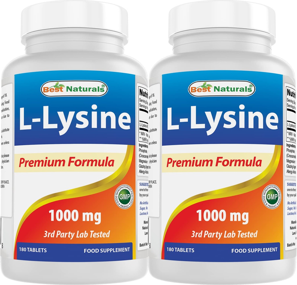 Beste Naturals L-Lysine 1000 mg 180 tabletter (180 greve (pakke med 1)) (2 flasker)