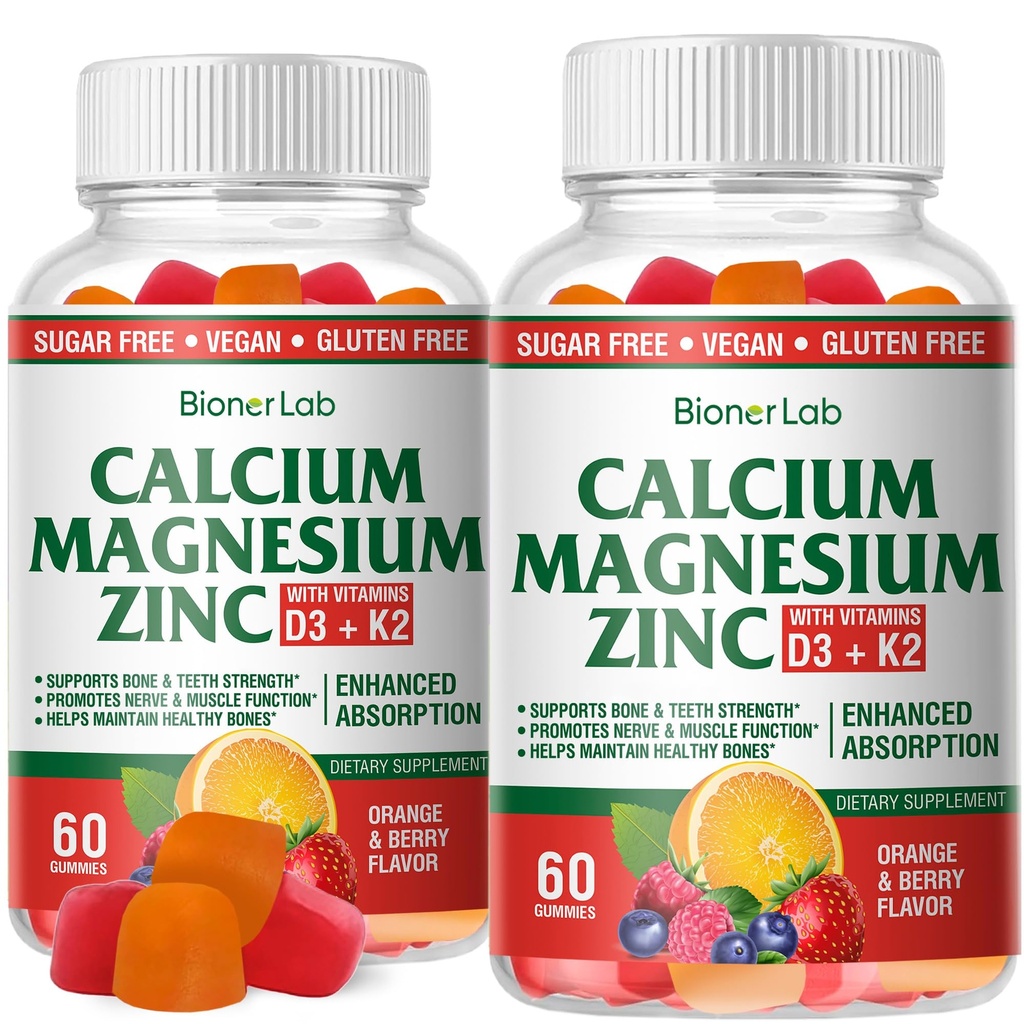 BionerLab Kalsium Magnesium Sink Gummies med vitamin D3 & K2 - høy potens forbedret absorpsjon - oransje og berry Flavored
