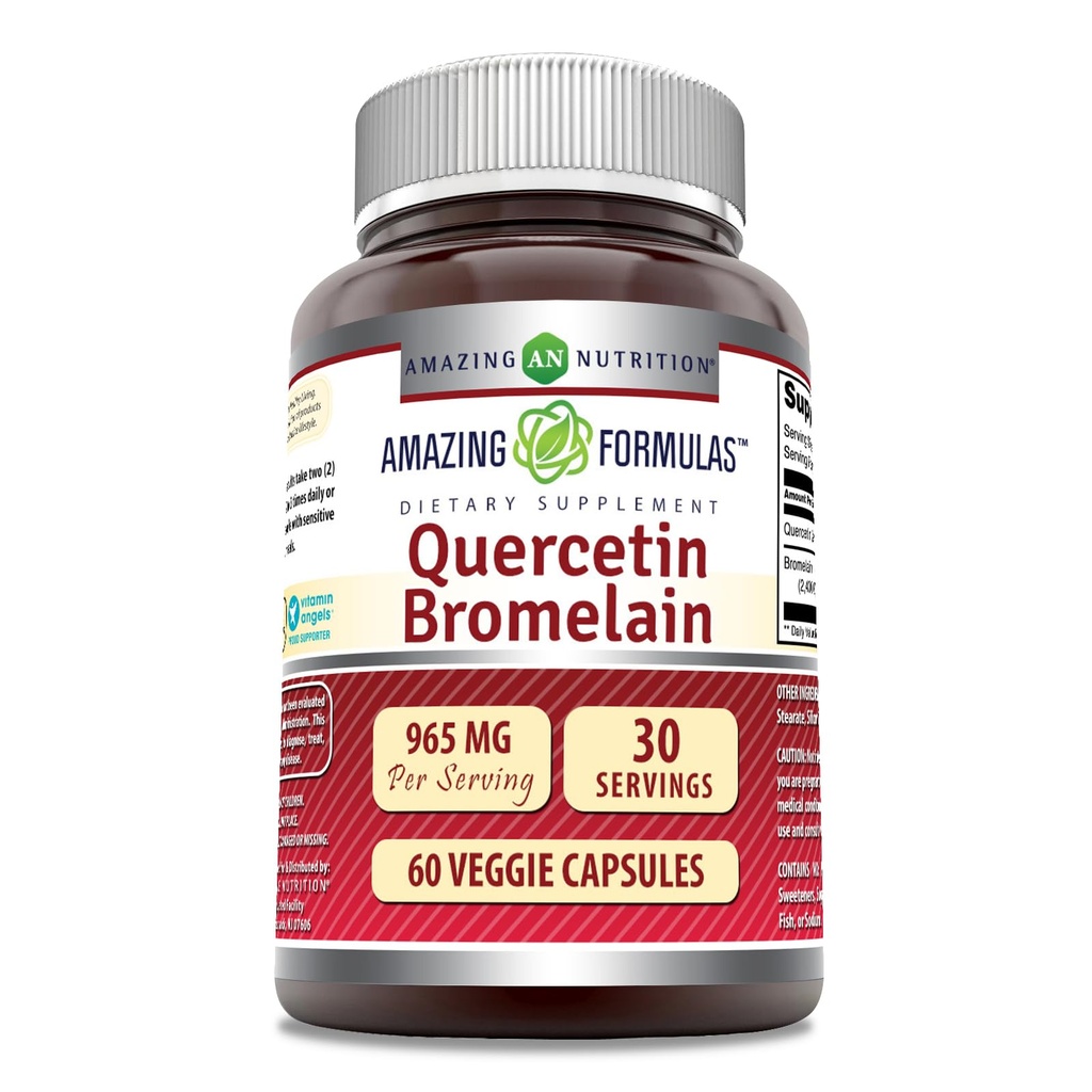 Amazing Nutrition Quercetin 800 Mg med Bromelain 165 Mg Veggie Capsules Supplement | Ikke-GMO | Glutenfri | Laget i USA | Egnet for vegetarianere (60)