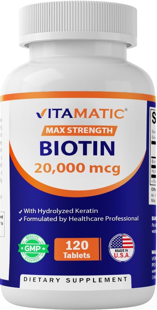 Vitamatic høy potens Biotin 20000 mg (20mg) med keratin 100mg - 120 vegetariske tabletter - Biotin kosttilskudd for sunn hårhud og negler for voksne (120 greve (pakke av 1))