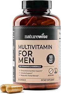 NatureWise Multivitamin for menn - Daglig mannlig støtte - Mineraler og urter for energi, ytelse, immunitet - med vitamin A, C, D, B-kompleks - Soja & Glutenfri, ikke-GMO - 180 kapsler[3-måneders forsyning]