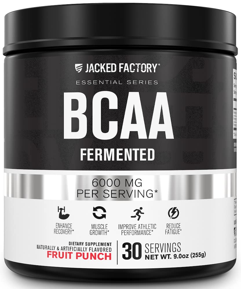 Jacked Factory BCAA pulver (Fermented) - 6g grened kjede essensielt Aminosyre Supplement for forbedret muskelgjenvinning, redusert tretthet, økt styrke, muskelvekst - 30 serveringer, fruktpunch