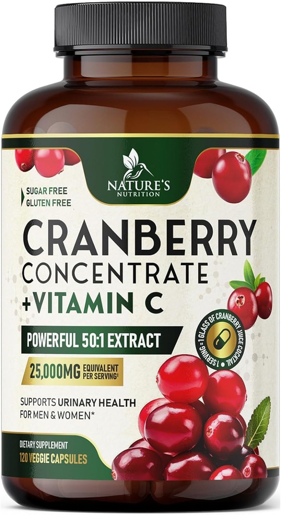 Cranberry Supplement Piller 25 000 mg - høy potens Vitamin C Cranberry for kvinner og menn, Urinal Tract Helsestøtte, sukkerfri, glutenfri, ikke-GMO, Cranberry Concentrate Extract - 120 kapsler