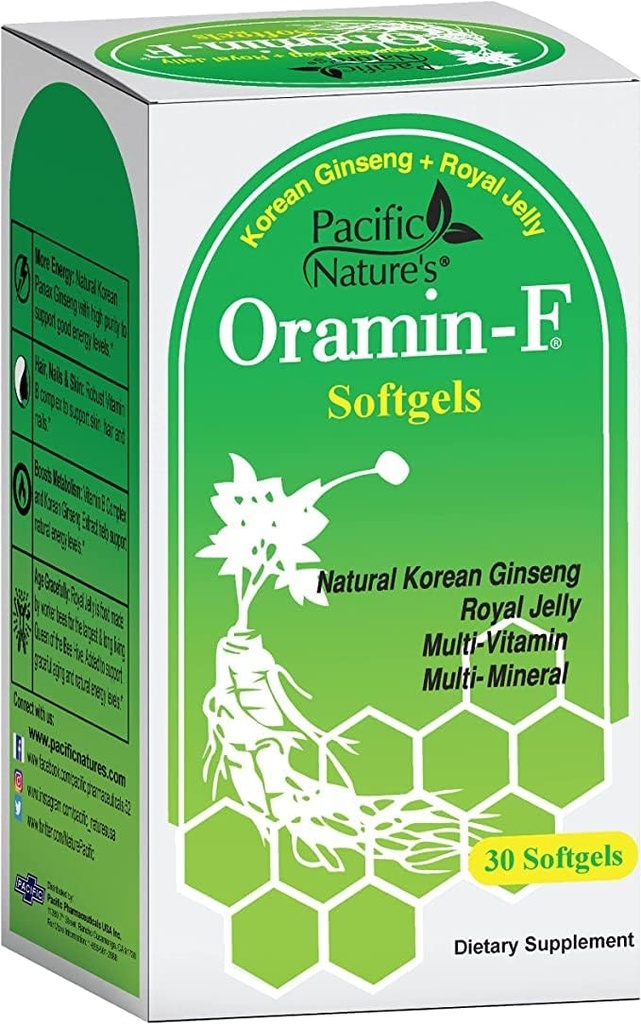 Stillehavs Naturens Oramin F (30 Softgels) med koreansk Ginseng, kongelig Jelly, vitamin B-kompleks, og sink for energi, immunitet og ernæringsstøtte