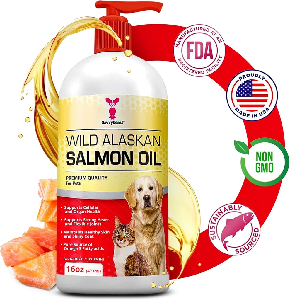 SavvyBeast Wild Alaskan Salmon Oil for hunder, katter og ferger – Omega-3 Fish Oil Pet Supplement med EPA & DHA – støtter huden, Coat, ledd, hjerte, hjerne, kløe relief & immune – uscented – 16 oz