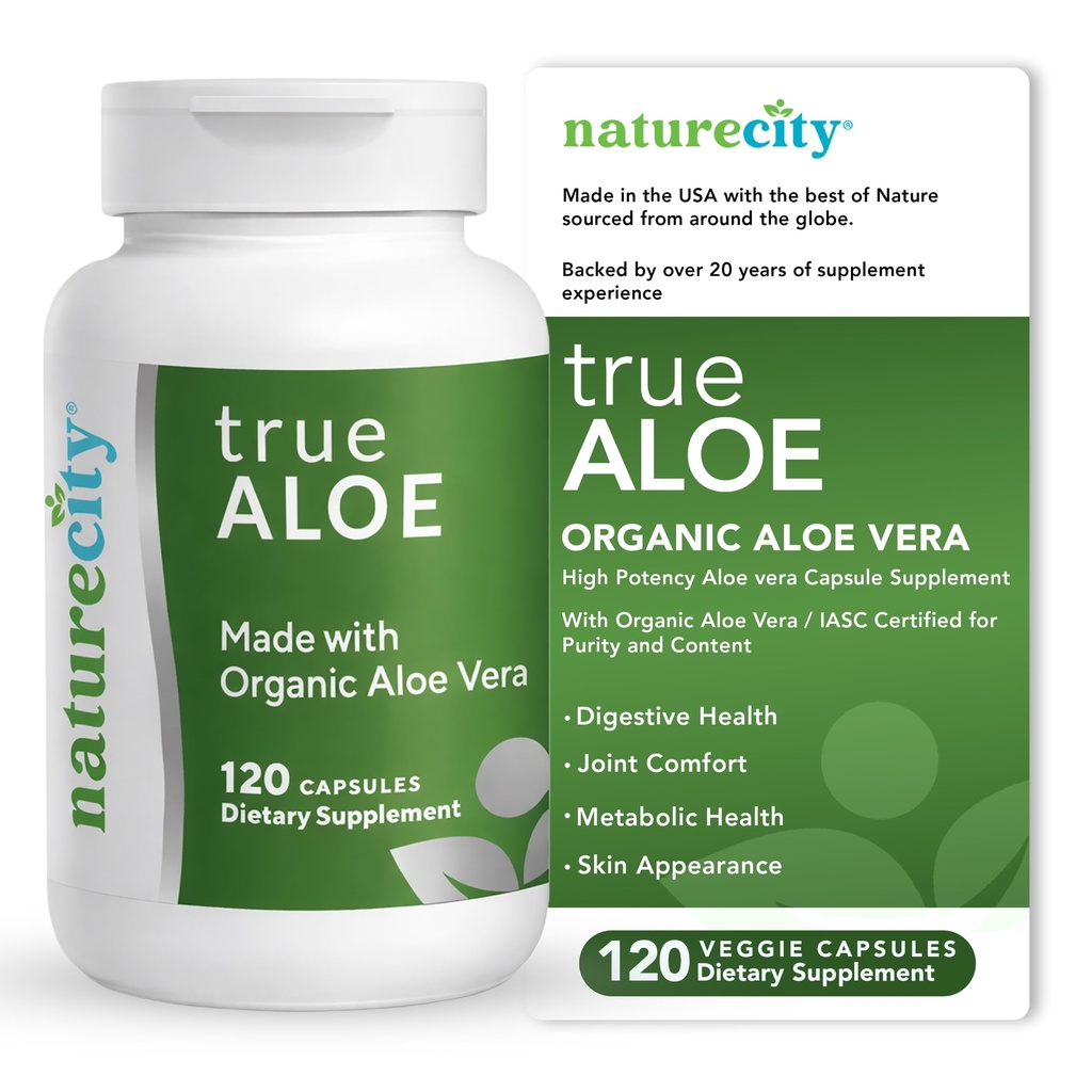 NatureCity True-Aloe Gut Helsestøtte – 80 000mg Aloe Vera Gel Ekvivalent Per Serving – Organic Aloe Vera (120 kapsler) for digestiv, hud og felles støtte | Små enkle å svelge piller