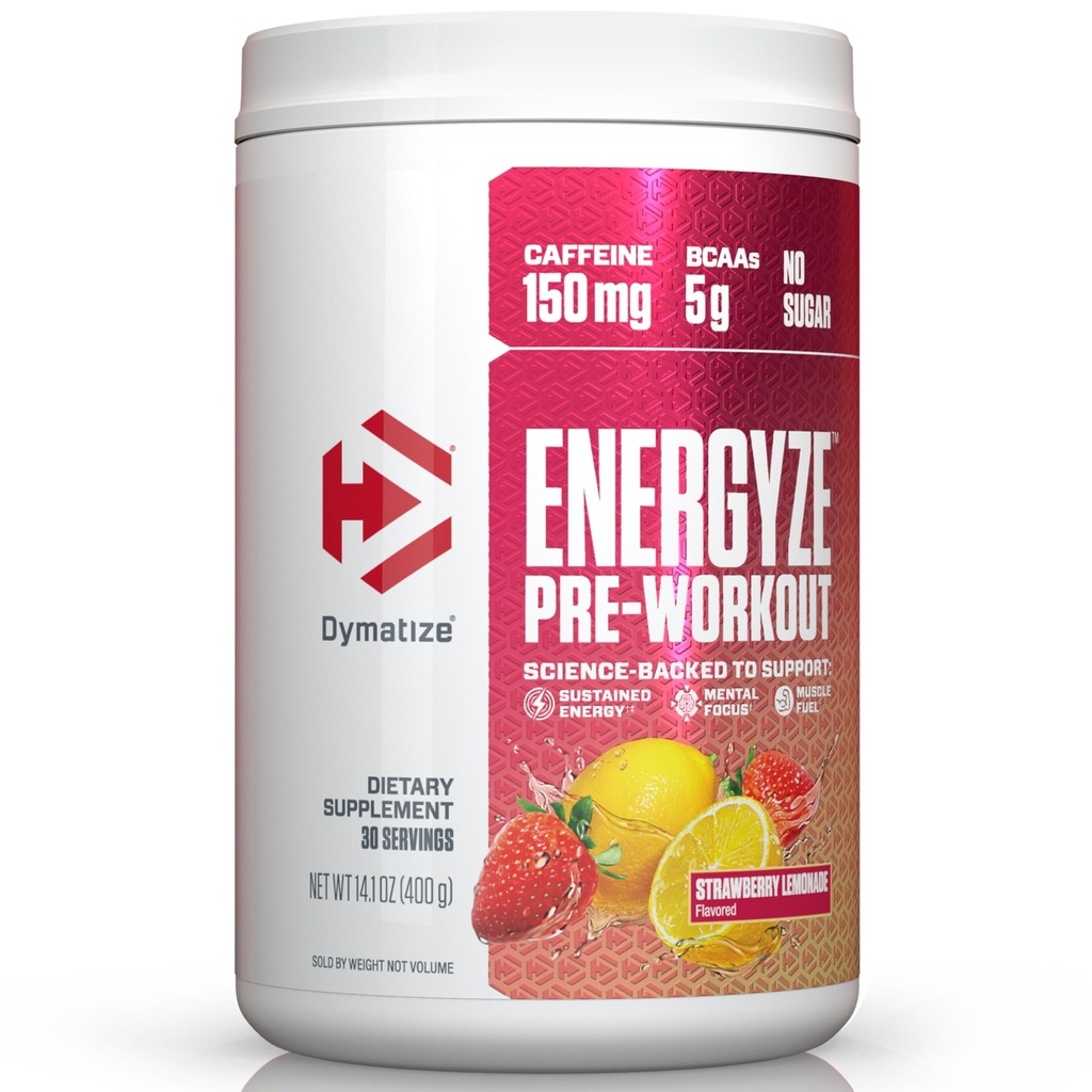 Dymatize Energyze pre trening pulver for menn og kvinner, Strawberry Lemonade, 150 mg koffein, 5g BCAA, ytelse blanding av L-theanin, L-tyrosin, L-citrullin, ingen sukker (30 serveringer)
