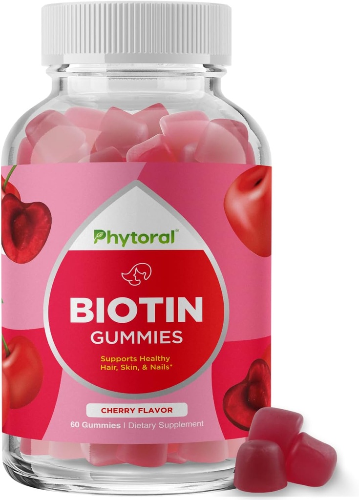 Phytoral Biotin Gummies for hår og neglevekst - Biotin Gummies for hårpleie ungdommelig hudpleie og negl - 5000mcg per servering huden negler vitaminer voksen skjønnhet