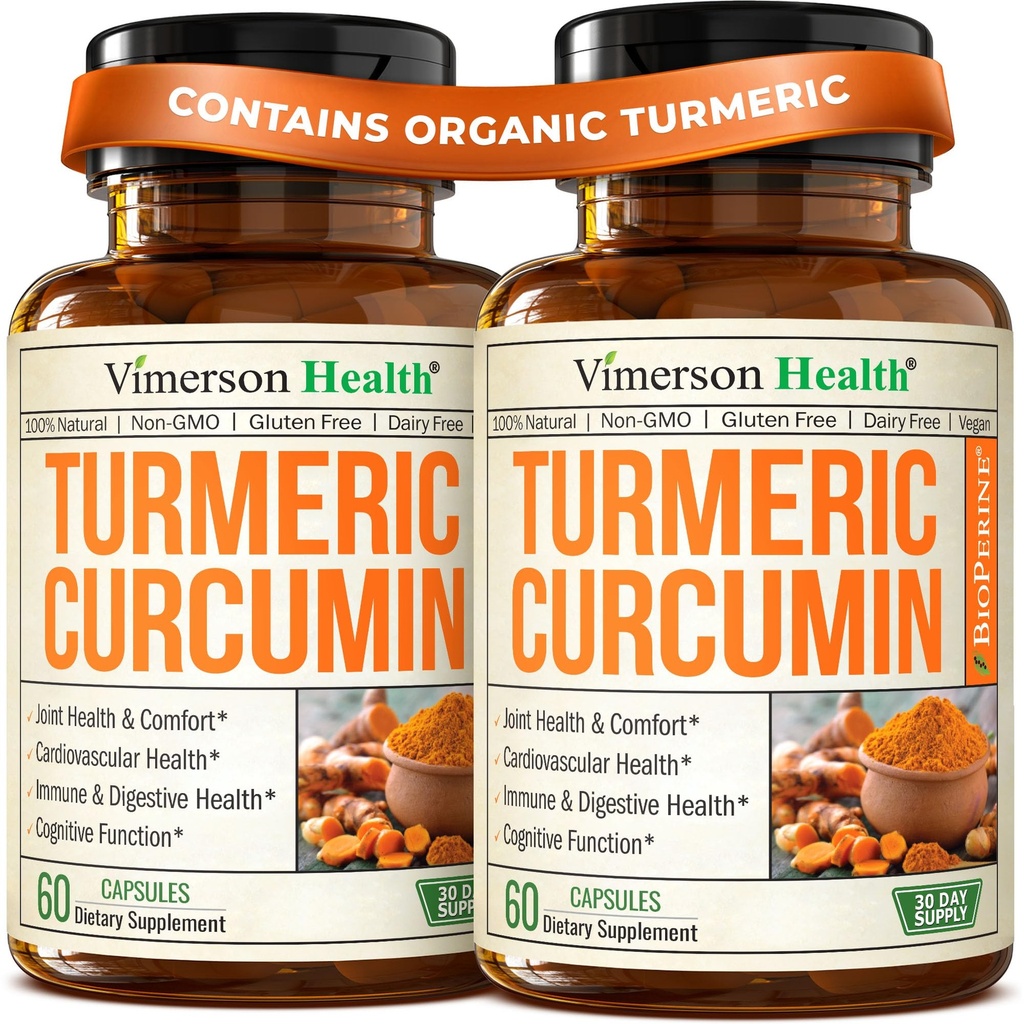 Gurkemeie Curcumin Supplement med svart pepper ekstrakt - høy potens organisk gurkemeie 1200 mg og 95% Curcuminoids for ledd og digestiv helse - felles støtte Supplement - 60 Curcuma Kapsler - 2 pakke