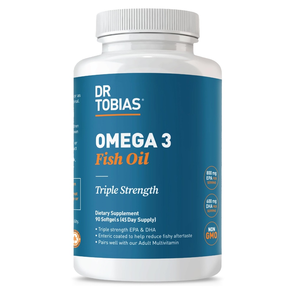 Dr. Tobias Omega 3 Fish Oil, 2000mg Trippel styrke med 800mg EPA 600mg DHA Per servering, Fish Oil Omega 3 Kosttilskudd for hjerte, hjerne og immun støtte, 90 Softgels, 45 Services