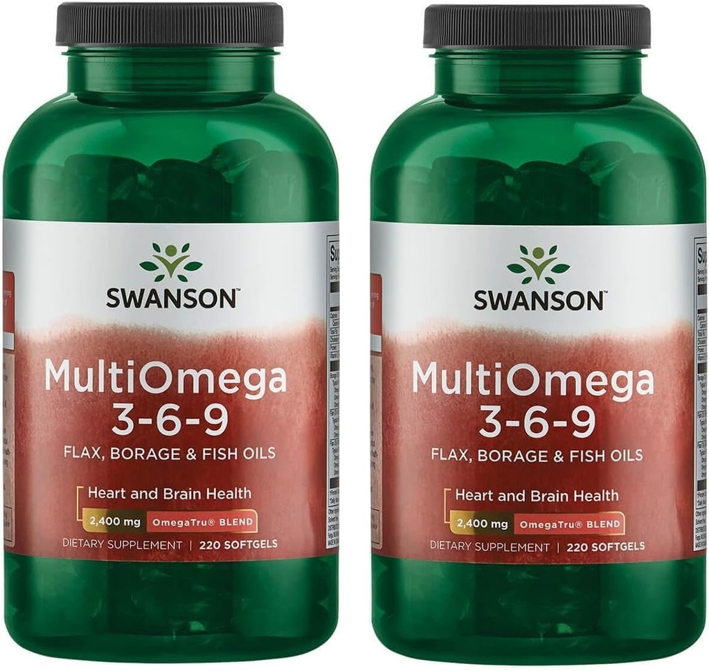 Swanson MultiOmega 3-6-9 - Ikke-GMO Flax, boring og fiskeoljekapsler - essensielle fettsyrer som støtter kardiovaskulær helse og hjerne helse - (220 Softgels, 2400mg servering) 2 flasker