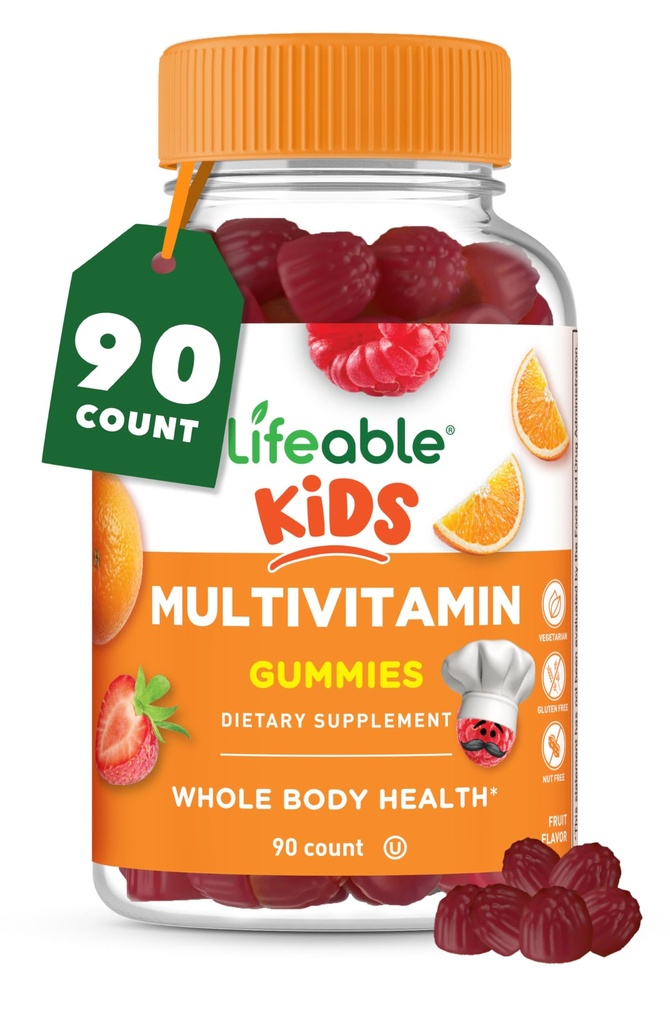 Livbare barn Multivitamin Gummies | Great Tasting Multivitamin for barn | med vitaminer A, C, D, E, B6, B12, Zink, Biotin, Folinsyre, Iodine, Niacin | for total kroppshelse | 90 Gummies