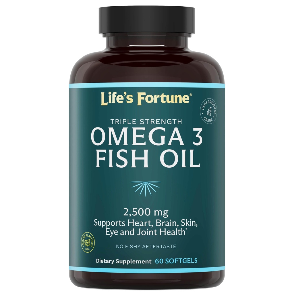 Life's Fortune Fish Oil Omega 3 konsentrat Supplement 2500 mg, 60 Softgels, høy potens, EPA & DHA Fatty Acid - hjerte, hjerne, hud, ledd - ikke GMO