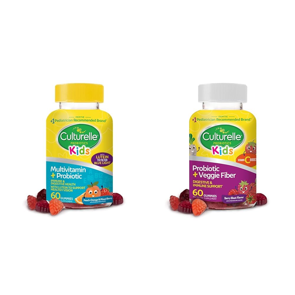 Culturelle Kids Probiotic Gummies for Ages 2+ - Peach-Orange & Mixed Berry Flavors & Daily Probiotic For Kids + Veggie Fiber Gummies (Ages 3+) - 60 Count - Digestiv