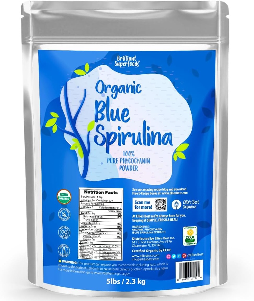 Organisk Blå Spirulina pulver Supermat Supplement - 5LB bulk - Odorless - Vegansk, ikke GMO, Glutenfri, Dairy-Free, Glutenfri, Glutenfri Blå Mat Farging - ren vann ekstrahert