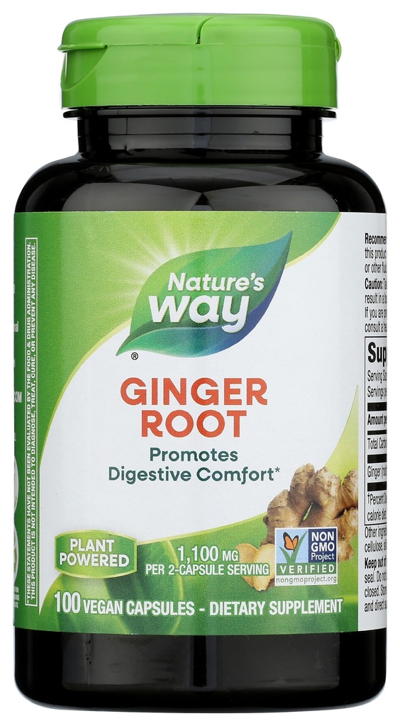 Naturens måte Ginger Root, fremmer digestiv komfort*, 1,100 mg per 2-kapsule servering, ikke-GMO-prosjekt verifisert, Vegan, 100 kapsler