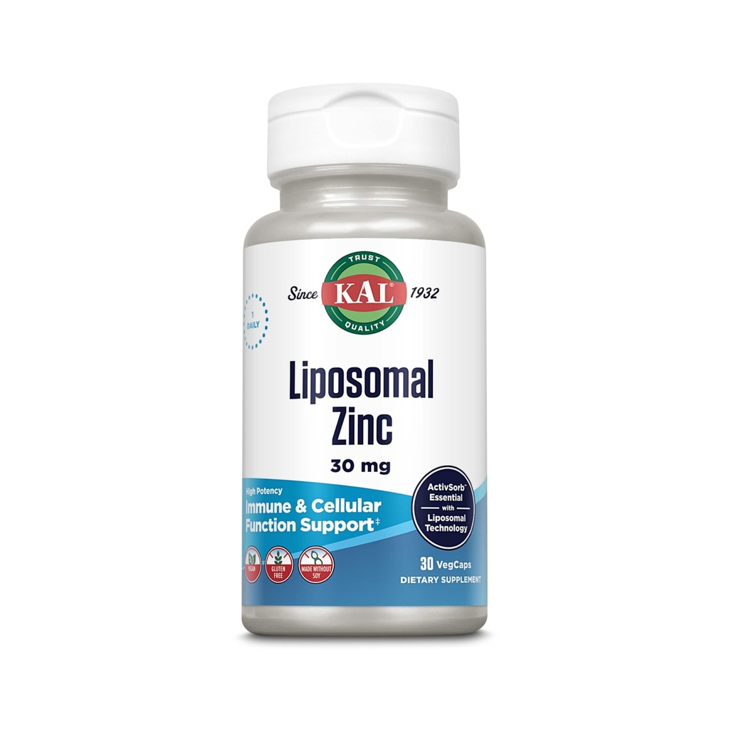 KAL Liposomal Sink 30mg, Cellular funksjon og immunstøtte Supplement, Forbedret absorpsjon sink kosttilskudd, Vegansk, Glutenfri, Soya Gratis, 30 Services, 30 Vegkaps