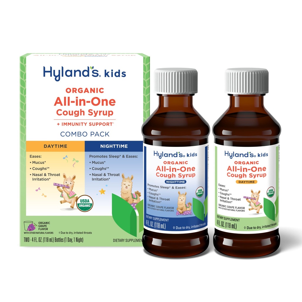 Hyland's Kids Organic all-in-One Grape Cough Syrup dag & natt, to 4 Ounce flasker