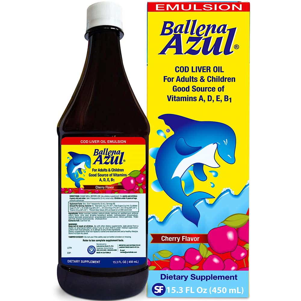 Ballena Azul Aceite de Hígado de Bacalao para Adultos y Niños, COD Liver Oil for voksne og barn,Vitamins A,D,E, B1, Diett Supplement, Omega 3, Inmune System Boost, Cherry (Cherry 15 OZ)