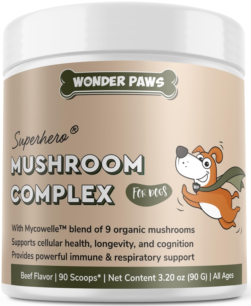 Wonder Paws Immune Support Mushroom Powder for hunder - Organisk Mushroom Complex for immunitet, Kognisjon, Cellular Health, Longevity - Med Tyrkia Tail Moshroom for hunder, Reishi & Lions Mane - 90 Scoops