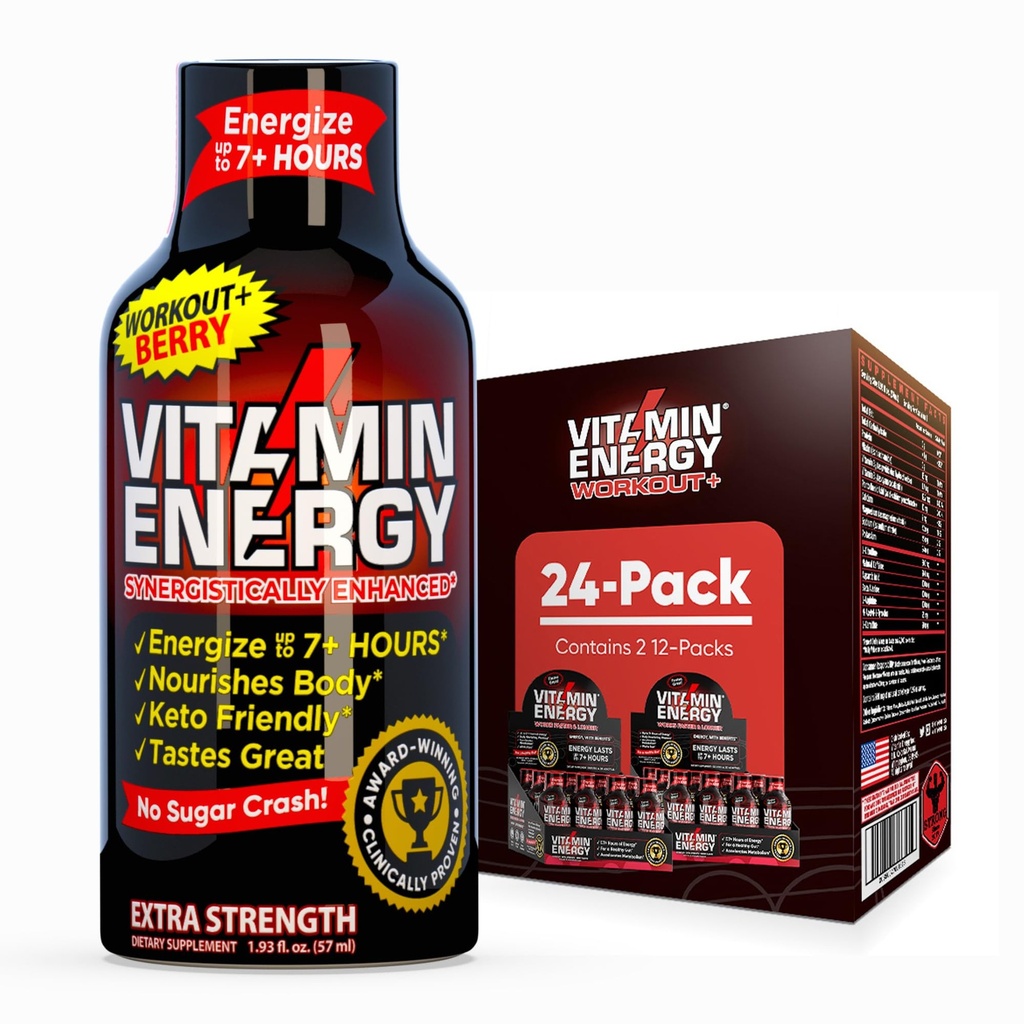 Vitamin energi trening + ekstra styrke energi Shot Berry 24 Pack, 260 mg naturlig kaffe, pre-arbeid, B-vitaminer, mineraler, utholdenhet og ytelse, null sukker, glutenfri, Vegan, 1,93 fl oz