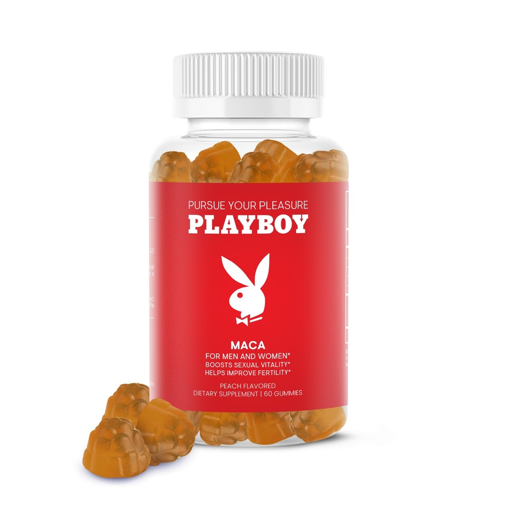 Playboy - Maca Root Gummies for kvinner og menn (60 greve - Peach Flavored) - Økt seksuell vitalitet, Libido, Fertilitet - Maca Gummies Supplement - 100% naturlig, vegansk ikke GMO - 4:1 ekstrakt Maca Peruana