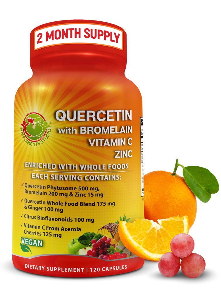 Quercetin med Bromelain Vitamin C og sink beriket med organiske hele matvarer - 1215mg per servering - Quercetin Phytosom 500mg kapsler med Ginger og flavonoider for immunsupport - 120 Count