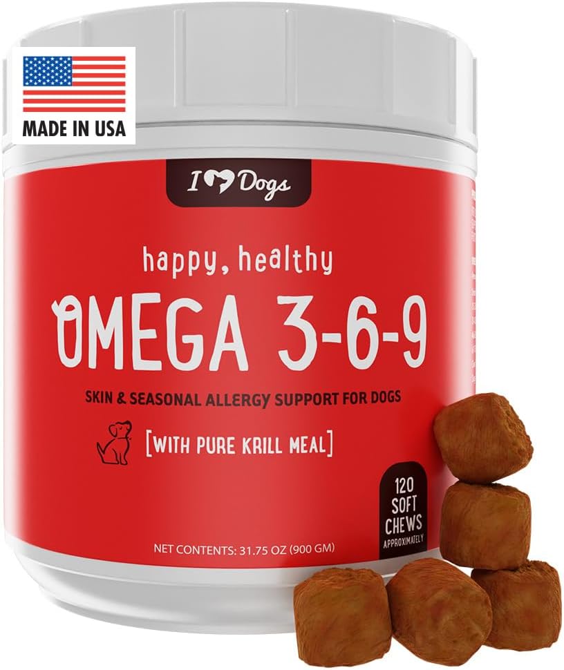 iHeartDogs Omega 3-6-9 for hunder - Hud og Coat Fish Oil Supplement for hunder med ren antarktisk krillolje - Allergi og kløende hud relief Chews, 120 greve
