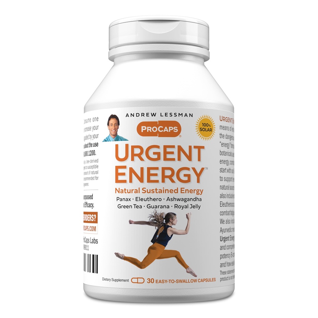ANDREW LESSMAN Urgent Energi 30 Kapsler - gir en sikker, sunn middel for å forbedre energinivåene og følelsene av velvære, grønn te, Guarana, Ginseng, Royal Jelly, Ashwagandha, B-Complex