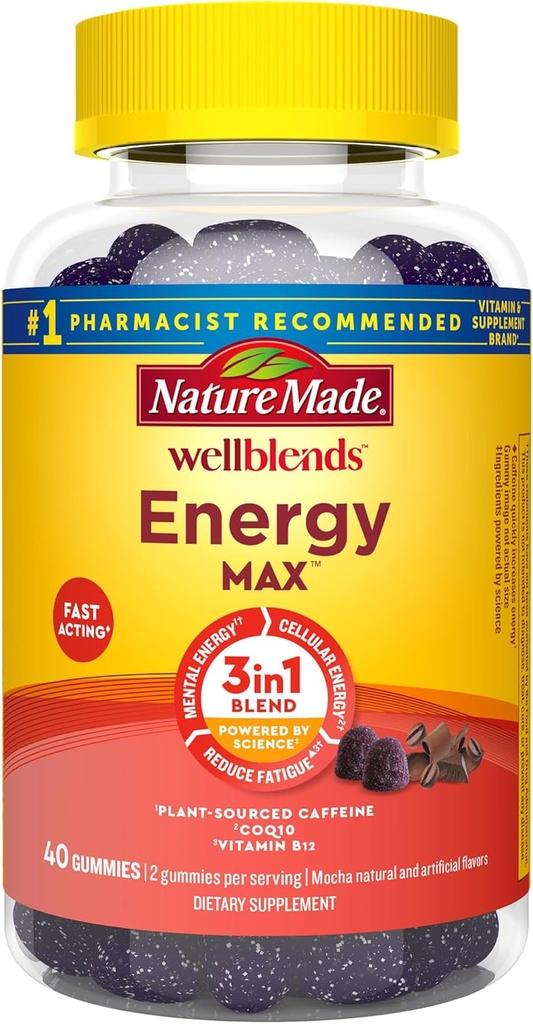 Natur laget brønnene EnergyMAX Gummies, raskt fungerende koffein, CoQ10 & vitamin B12 1000mcg, energi støtte gummy vitaminer, 40 gummier