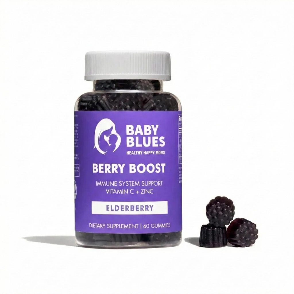 Baby Blues Berry Boost for mødre, immunisme eldrebær gummier immun støtte Supplement med vitamin C og sink for voksne, ikke-GMO immunsystem vitaminer booster vegansk glutenfri gummi, 60pcs