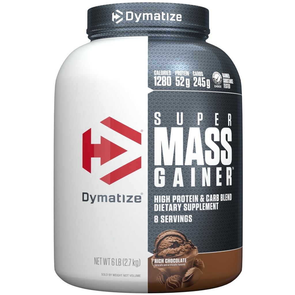 Dymatize Super Mass Gainer Protein pulver, rik sjokolade, 52g protein, 1g kreatin, 1280 kalorier, 10,7g BCAA, 245g karbohydrater, inneholder Whey Protein pulver, isolat og kasein (8 serveringer)