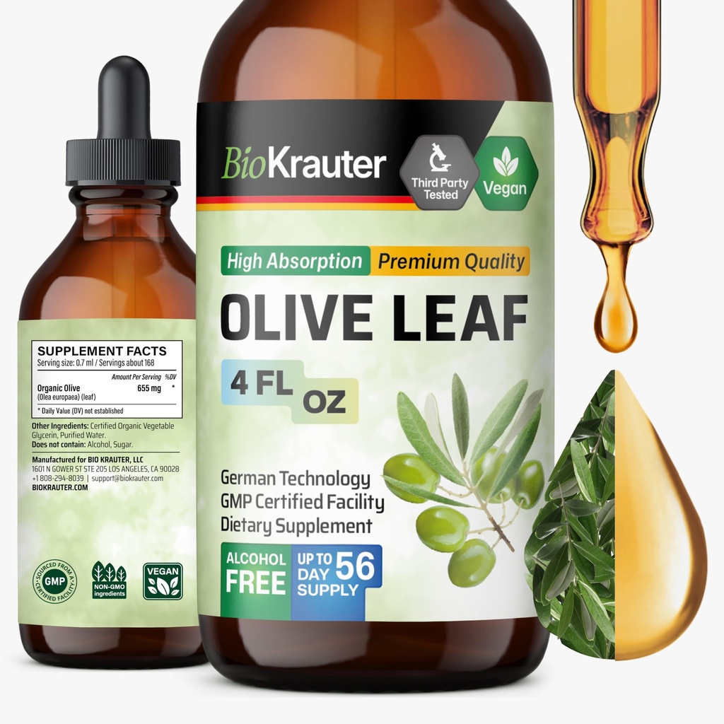 BIO KRAUTER Olive Leaf Extract Liquid - Olive Leaf Tinktur for immunstøtte - alkohol og sukker gratis - Vegan Drops 4 Fl.Oz.