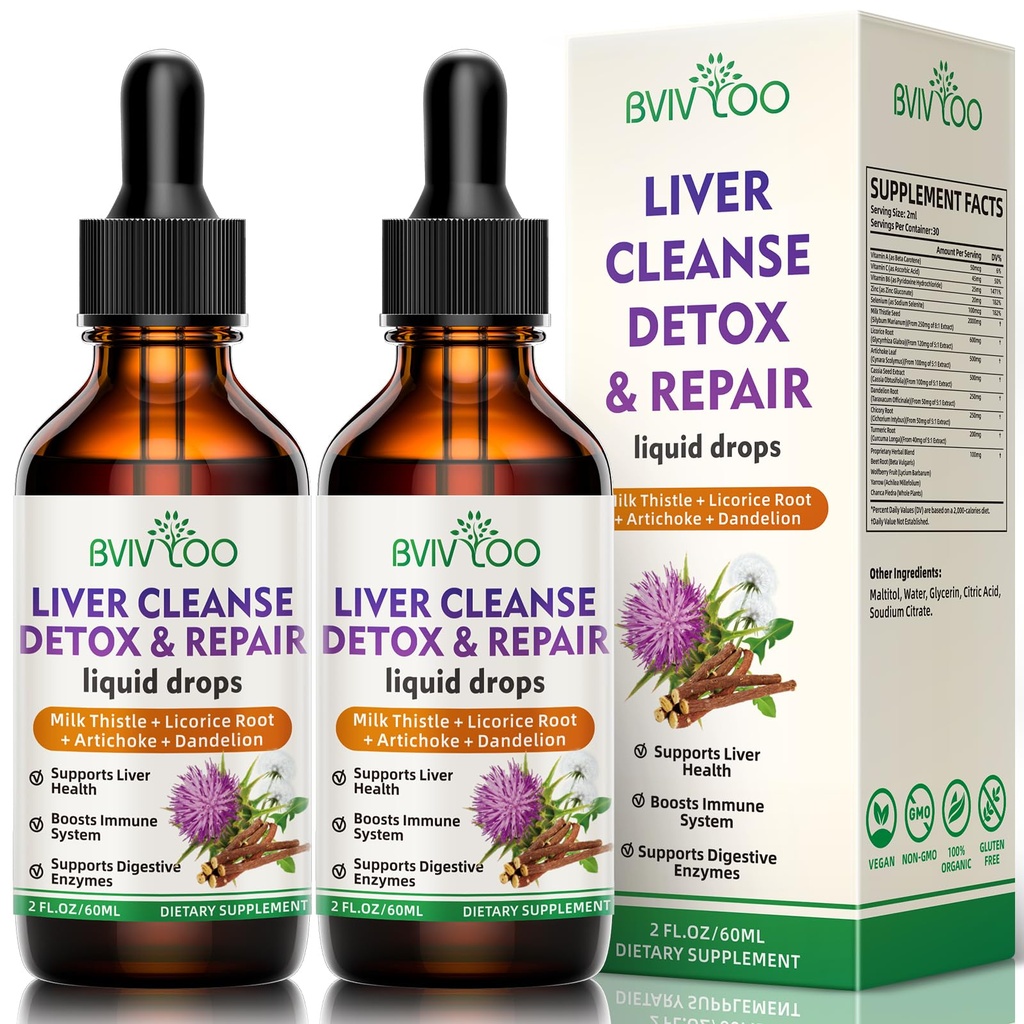 2 Pack Liver Health Fluid Drops - 2000mg Melk Thistle, Dandelion Root, Artichoke, Silymarin Extract, & Turmeric Herbs - Vegan, Ikke-GMO - 4 Fl Oz (120ml)