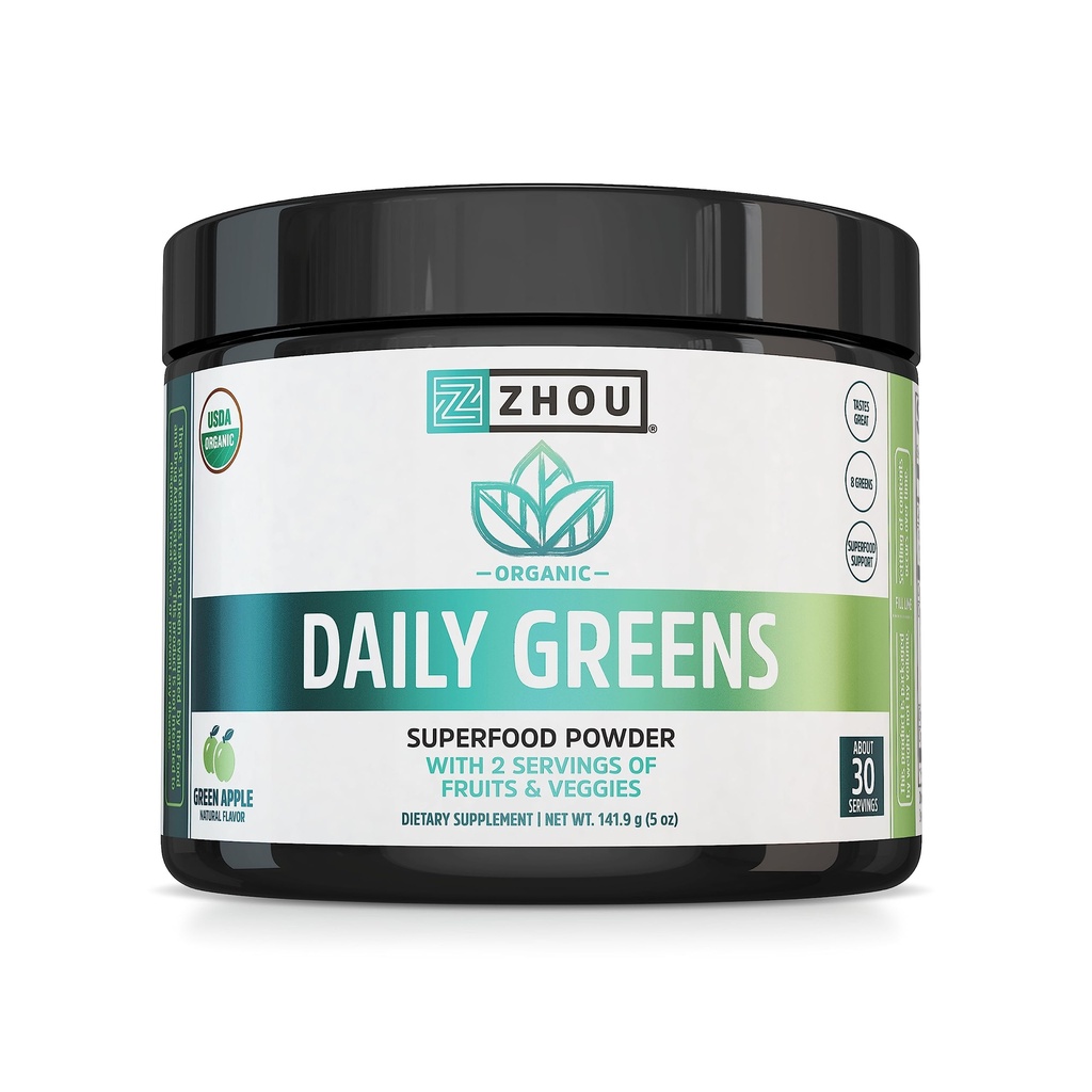 ZHOU Ernæring USDA Organic Supergreens Powder, Superfood Smoothie Juice Mix, Spirulina, Klorella, Wheatgrass, Kale, Fiber, Immun og Energi Støtte, Vegansk, Ikke-GMO, 30 Services