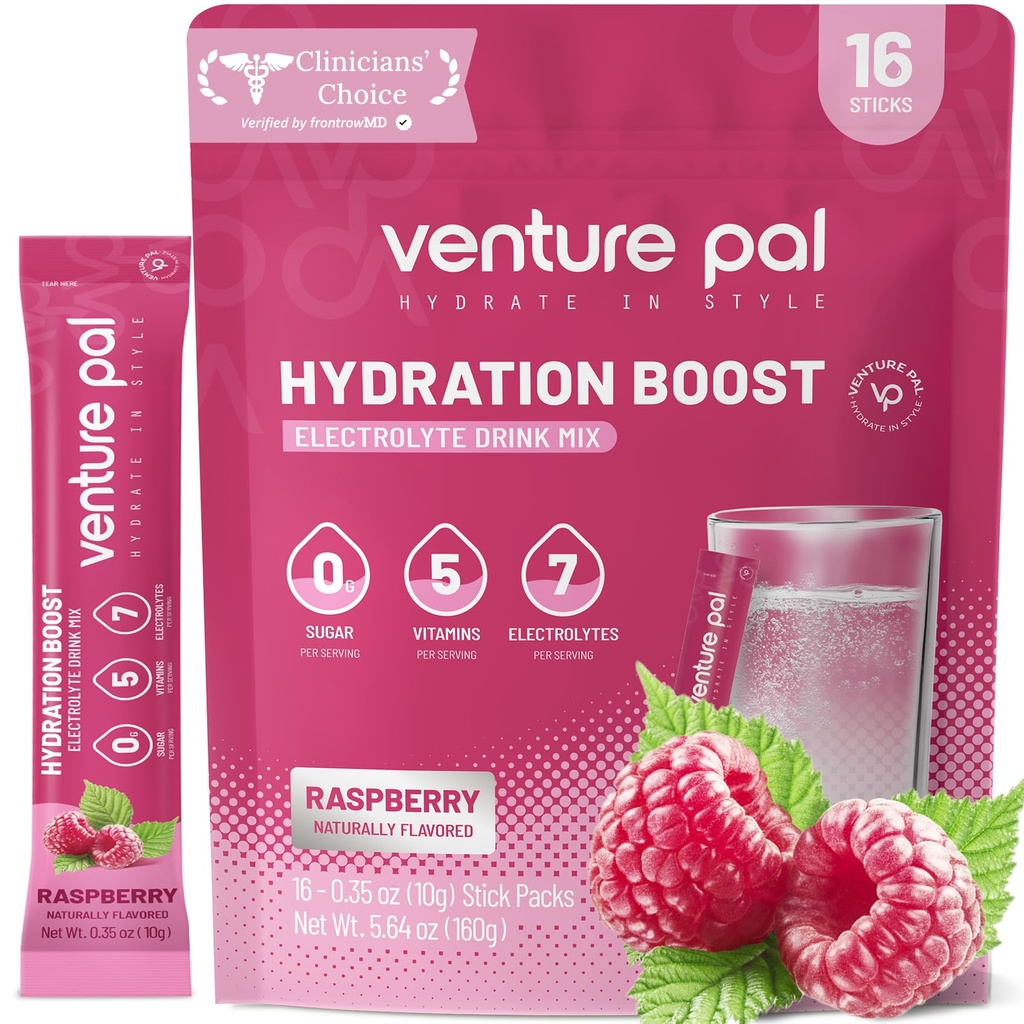 Venture Pal Sukker Gratis Elektrolyte pulver pakker - flytende daglig IV drikke blanding for rask hydrasjon og fest utvinning | 5 vitaminer og 7 elektrolyter | keto vennlig | Ikke-GMO | Certified Vegansk | 16 Sticks