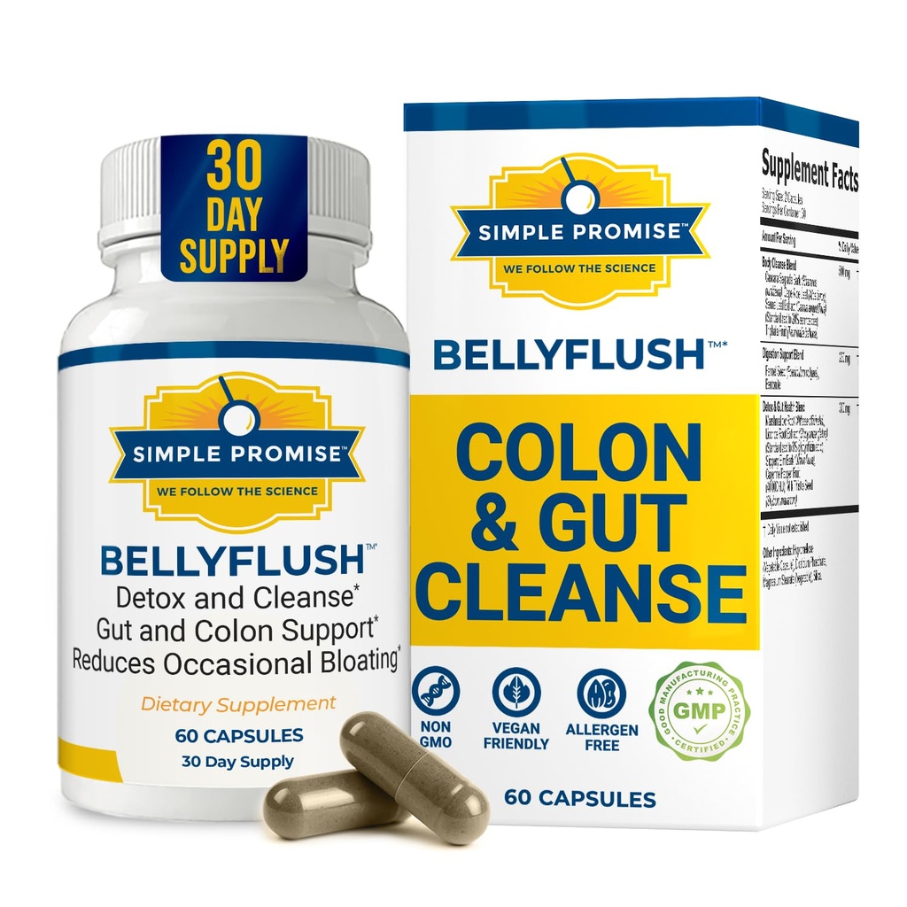 BellyFlush - Gentle Colon & Gut Cleanse Supplement med Melk Thistle & Bentonite Clay - støtter glutensyre, Debloat, Digestive Detox & Flushing - 60 kapsler