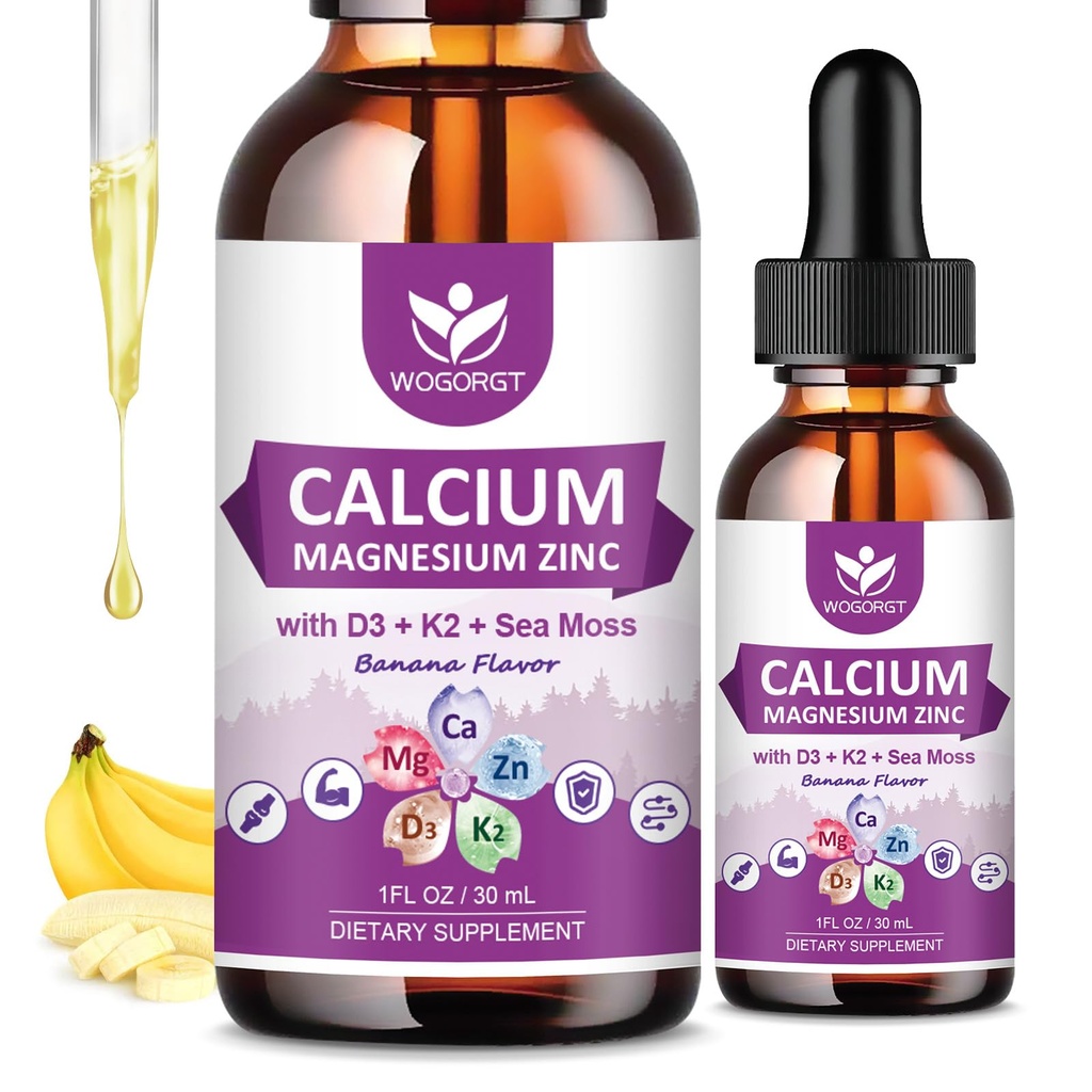 Kalsiumcitrat 1000mg med vitamin D3 for kvinner og menn - flytende kalsium magnesiumsink D3 K2 Supplement for bein, tannstøtte, sukkerfri, vegansk, banan flavor - 1 Fl Oz (2 pakke)