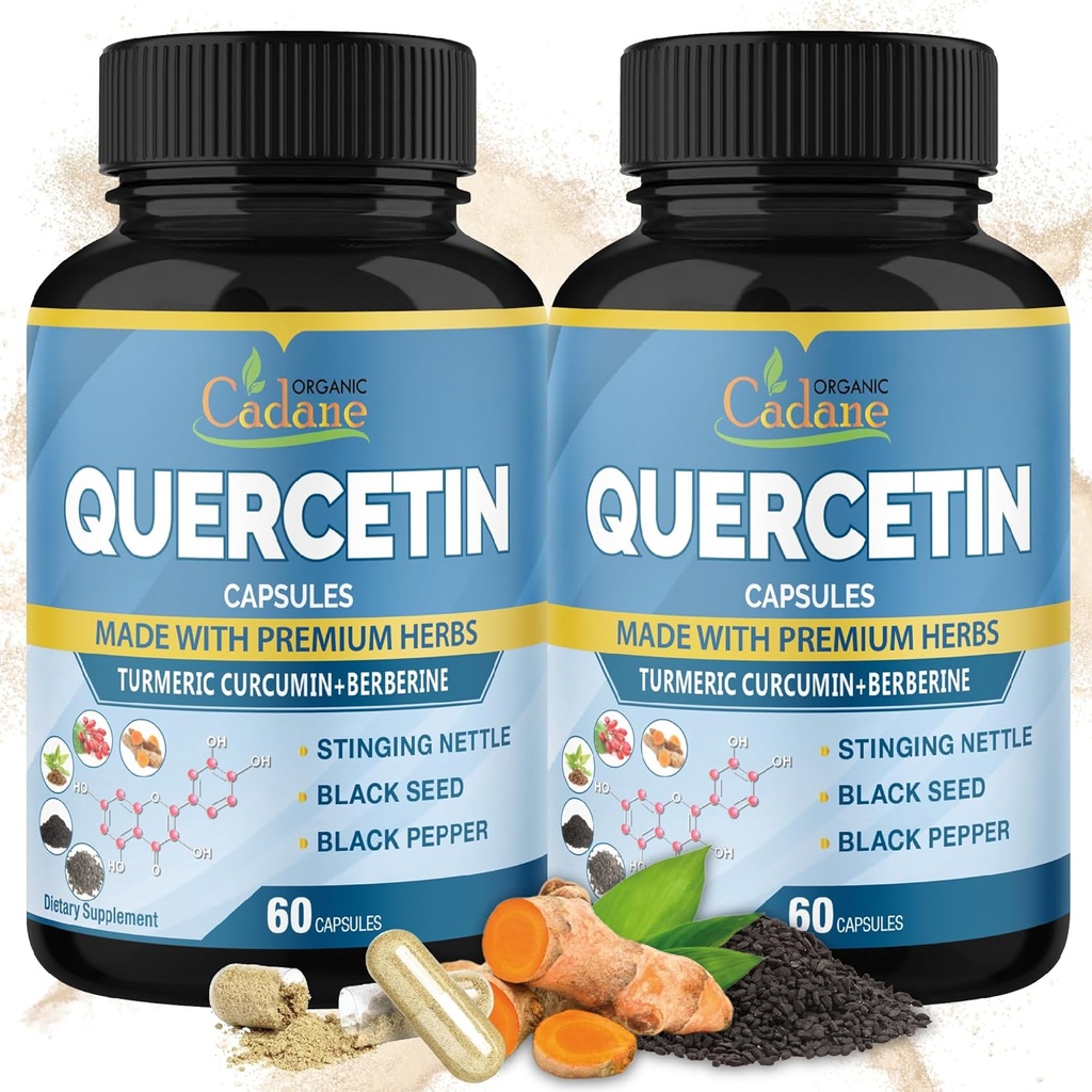 Organic Cadane 2 Pakker Quercetin Supplements Kapsler, 6in1 med gurkemeie, berberine, Stinging Nettle, Svart frø, svart pepper - støtter immunsystem - 4 måneders forsyning