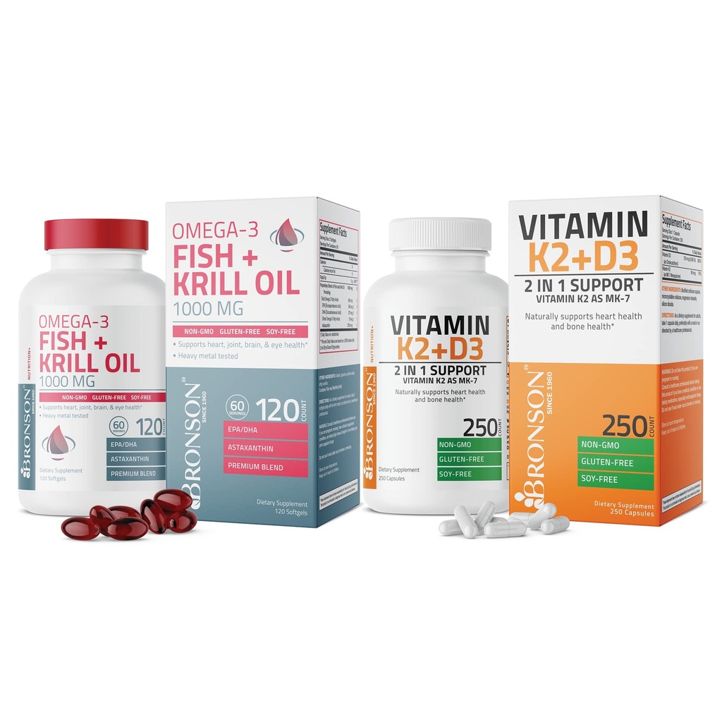 Bronson vitamin K2 (MK7) med D3 Supplement Omega-3 Fisk + Krill olje 1000 MG