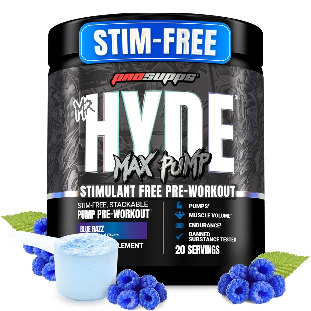ProSupps Mr. Hyde Max Pump Pre Trening pulver - Stim-fri Preworkout støtter blodflyt, muskelvolum og utholdenhet - Koffein-fri nitrogenoksid Gym og treningstilskudd (Blue Razz, 20 Services)