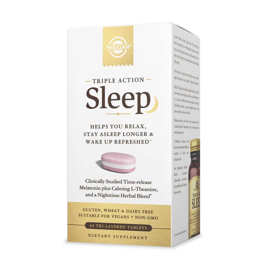 Solgar Triple Action Sleep, 60 Tri-Layer Tabletter - Tidsbevarende Melatonin & L-Theanine Plus Herbal Blend - Hjelper deg med å slappe av, Falle søvn raskt og bli sovende lenger - ikke-GMO, Glutenfri - 60 Serveringer