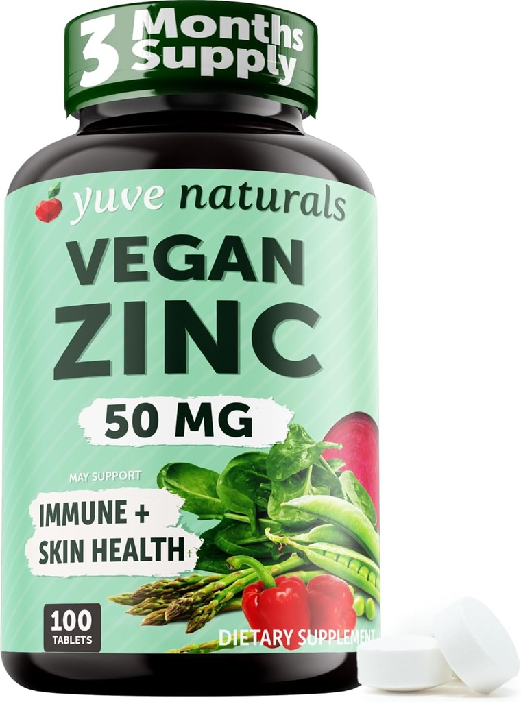Yuve Naturals Vegan Zinc 50 mg - Sink gluconat for immun- og hudstøtte - Glutenfri, ikke GMO, Plant Basert - 100 lett å svelge tabletter