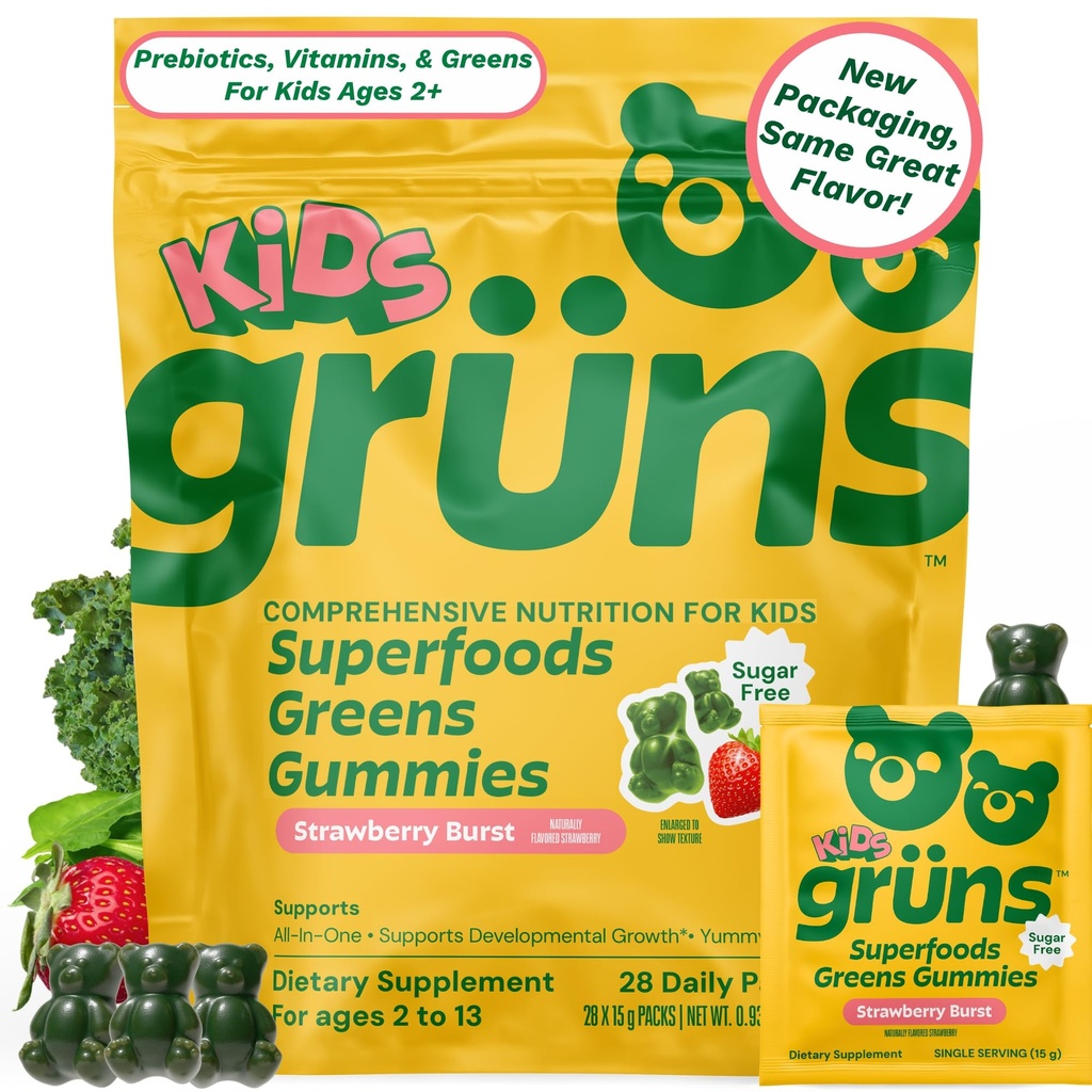 Gruns Kids Vitaminer, Super Greens Gummies, Sukkerfri Superfood Gummy Bears Med Spirulina, Klorella, Prebiotika Fiber For Digestive Helse, Adaptogens Supplement, 20 Vitaminer & Mineraler, 28 dagers Pack