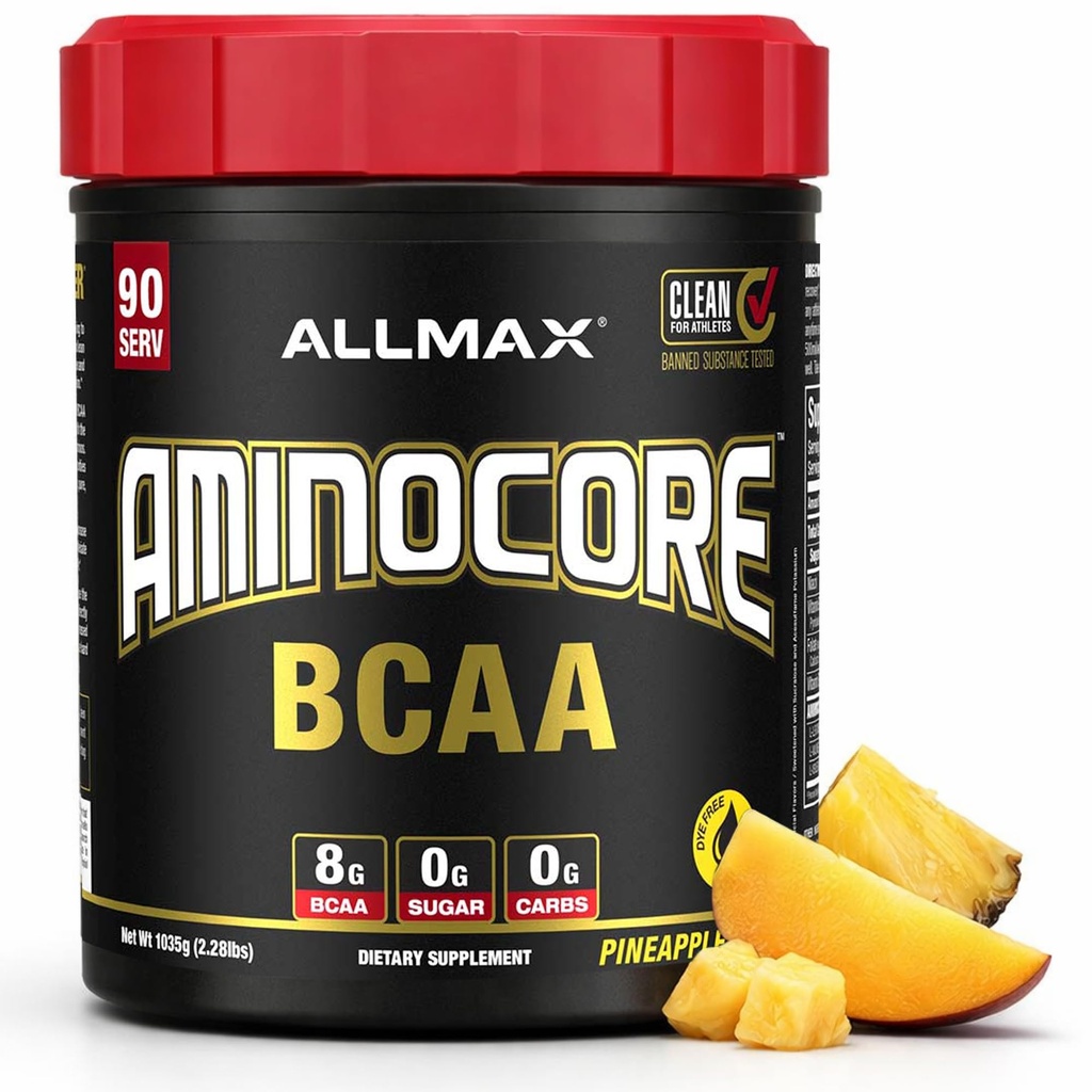 ALLMAX Ernæring Aminocore BCAA, Pineapple Mango - 945 g pulver - 8,18 gram grened kjede Aminsyrer per servering - med B-vitaminer - Ingen fyllstoffer eller ikke-BCAA Aminos - sukker gratis - 90 serveringer