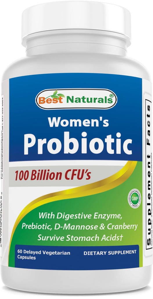 Beste Naturals Probiotika for kvinner 100 milliarder CFU - 10 Strains + Prebiotika Fiber + Digestive Enzyme Blend + Kvinners Helse Herbal Blanding - Immune, Digestive & Gut Health - 60 Deleyaed Kapsler