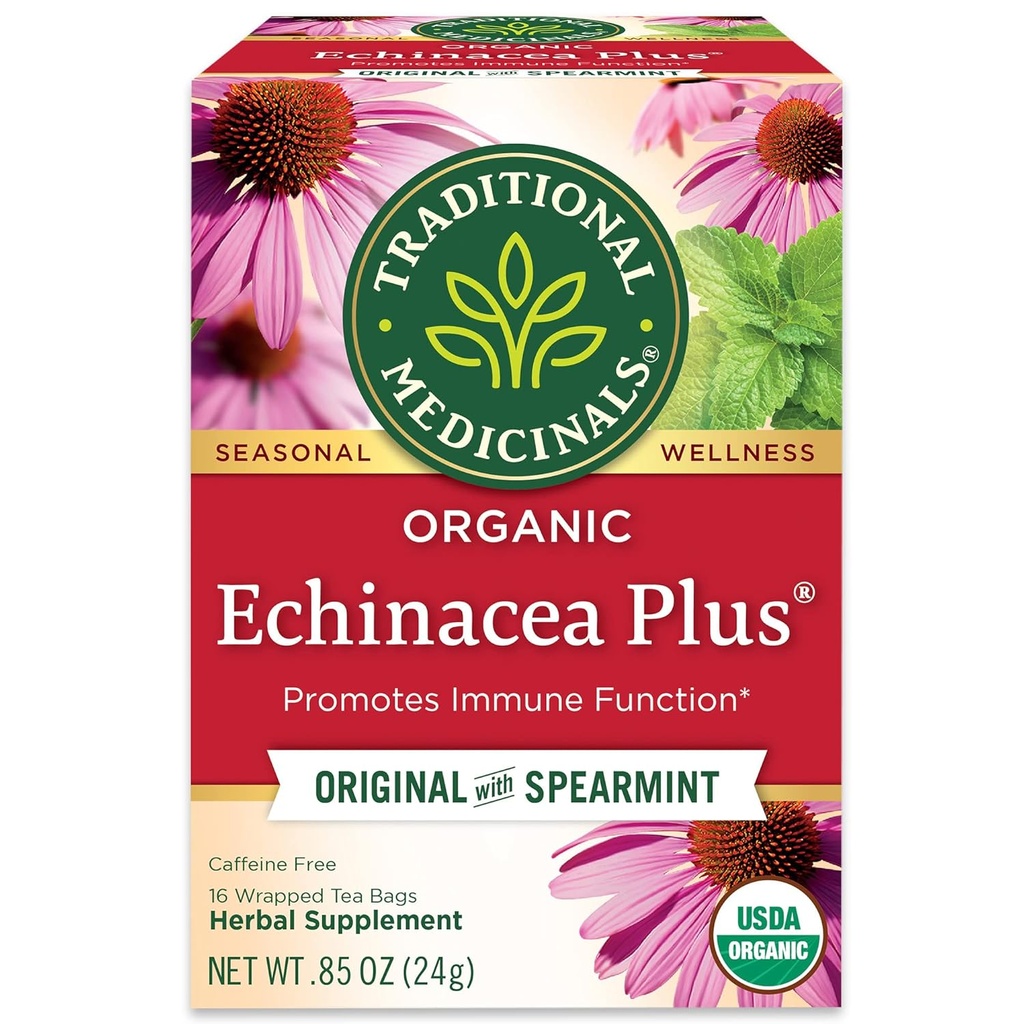 Tradisjonelle medisiner Organic Echinacea Plus med Spearmint Herbal Te, fremmer immunfunksjon, (pakke med 1) - 16 Teposer