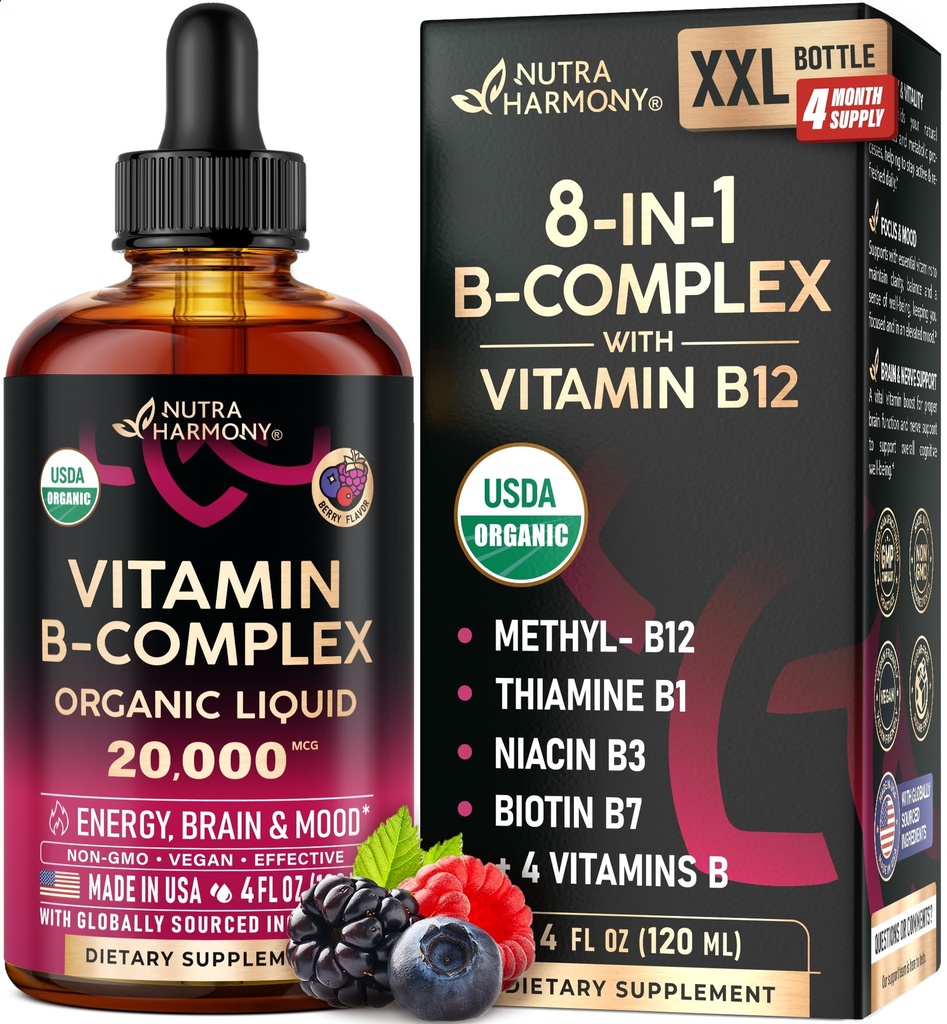 USDA organisk vitamin B-Complex B5 Pantothenic Acid | B12 Methylcobalamin | B1 Thiamine | B6 Pyridoxin | B7 Biotin | B9 folisk | B3 Niacinamid - B kompleks flytende dråper, laget i USA Supplement, 4fl oz